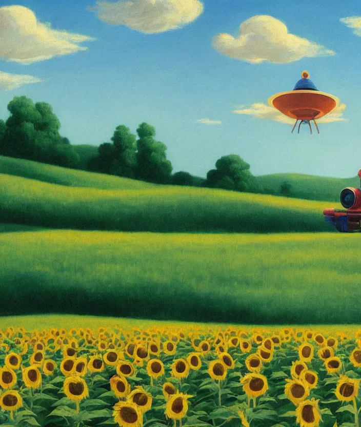 Image similar to a highly detailed painting of a sunflower field and an ufo abducting a cow, very fine brush strokes, baby blue sky with aesthetic clouds, in the style of edward hopper, 4 k,