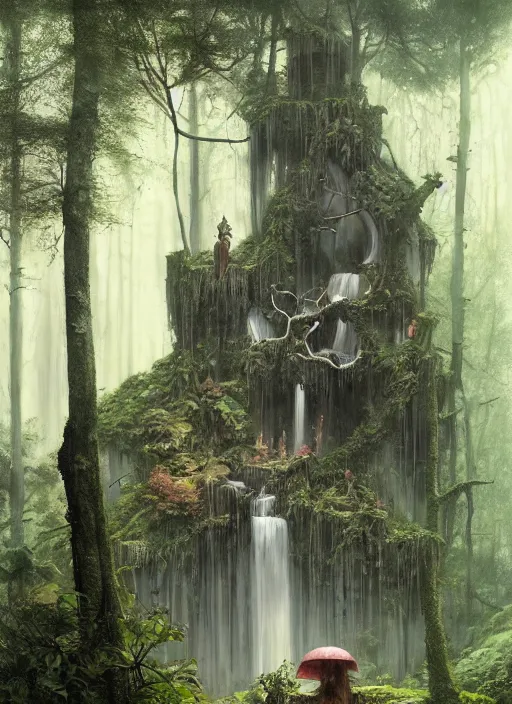 Image similar to a hyper realistic architectural witch shrine under a waterfall in the woods, gorgeous lighting, lush forest foliage, painting by chiara bautista and tom bagshaw, muca beksinski and norman rockwell and greg rutkowski weta studio, and lucasfilm