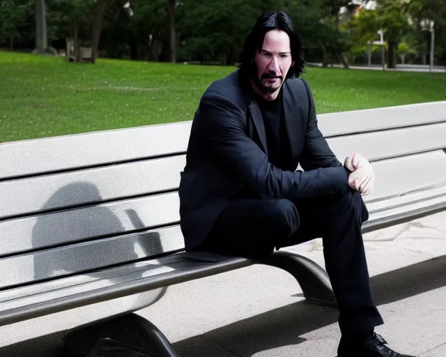 Image similar to photo of sad keanu reeves sitting on a bench in a park. lifelike. ultra detailed. intricate. soft light. nikon d 8 5 0.