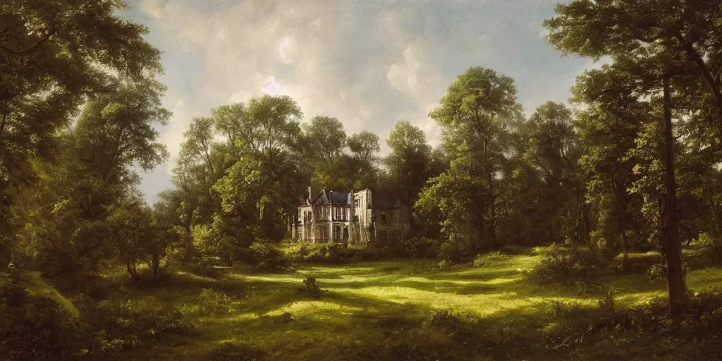 Image similar to landscape of a large victorian manor house in a pine forest, well lit, detailed, cinematic lighting, oil painting