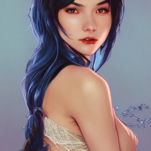 Prompt: portrait of cassandra cain wearing lacy nightgown, blue hair, attractive, casual, modern, victoria's secret, highly detailed, digital painting, artstation, concept art, smooth, sharp focus, illustration, art by artgerm, greg rutkowski and alphonse mucha