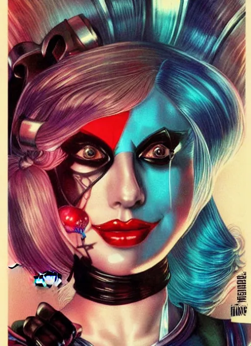 Image similar to beautiful lady gaga as harley quinn, high details, intricate details, by vincent di fate, artgerm julie bell beeple, 1 9 9 0 s, inking, vintage 9 0 s print, screen print