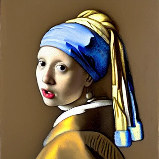 Image similar to a portrait of a young girl wearing a pearl earring. The girl is looking over her shoulder at the viewer with a sly expression on her face. naturalistic style with soft, muted colors. The girl's face is the only part of the painting that is in sharp focus. The rest of the painting is done in a soft, blurry style. The girl's face is lit from the left, creating a soft, halo-like effect around her head. The pearl earring is the only source of light in the painting. an oil tronie painting by Johannes Vermeer.