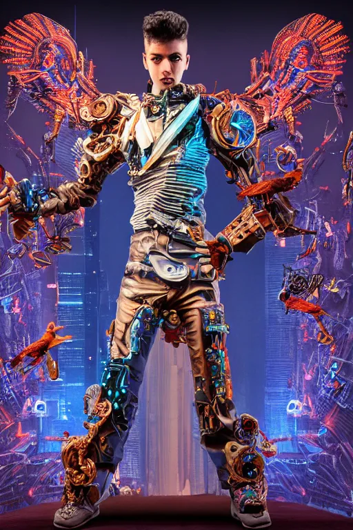 Prompt: full-body cyberpunk style sculpture of a young handsome Colombian prince half android with a chest opening exposing circuitry and electric sparks, glowing pink eyes, crown of blue flowers, flowing salmon-colored silk, fabric, raptors. baroque elements. full-length view. baroque element. intricate artwork by caravaggio. many many birds birds on background. Trending on artstation, octane render, cinematic lighting from the right, hyper realism, octane render, 8k, depth of field, 3D