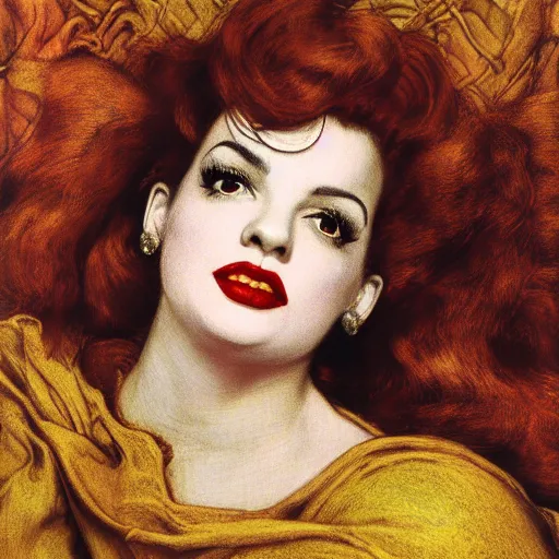 Prompt: hybrid of judy garland and lady gaga, brown fringe, large beautiful facial features, huge downslanted eyes, big cheeks, large full lips, full body medium shot, reclining bed cool stylish, yellow ochre ornate medieval dress, john william waterhouse, kilian eng, rosetti, john everett millais, william holman hunt, william morris, 4 k