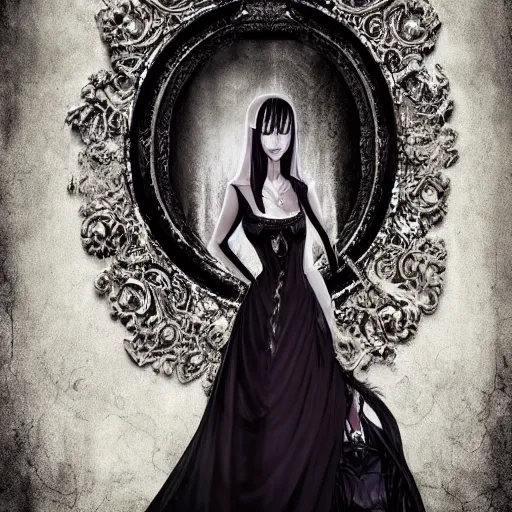 Image similar to full length portrait of a woman with timeless beauty & breathtaking eyes dressed in gothic attire, intricate digital art, elegant, DSLR 8K, biblical art, realism, incomprehensible detail, final fantasy & silent hill aesthetic, photorealistic, lifelike, created by z--ed on deviantart