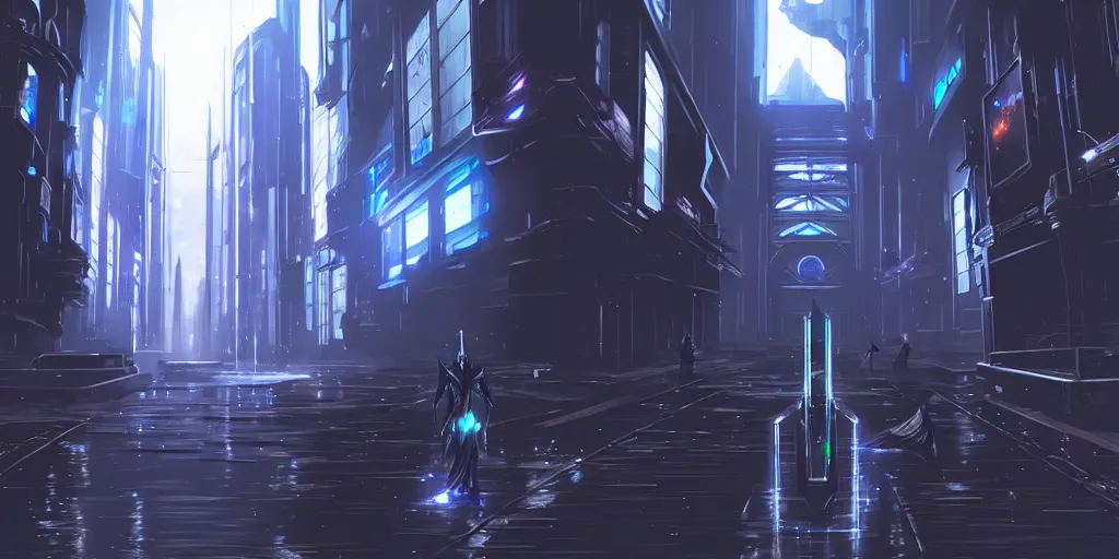 Image similar to Ishgard in a cyberpunk setting, futuristic