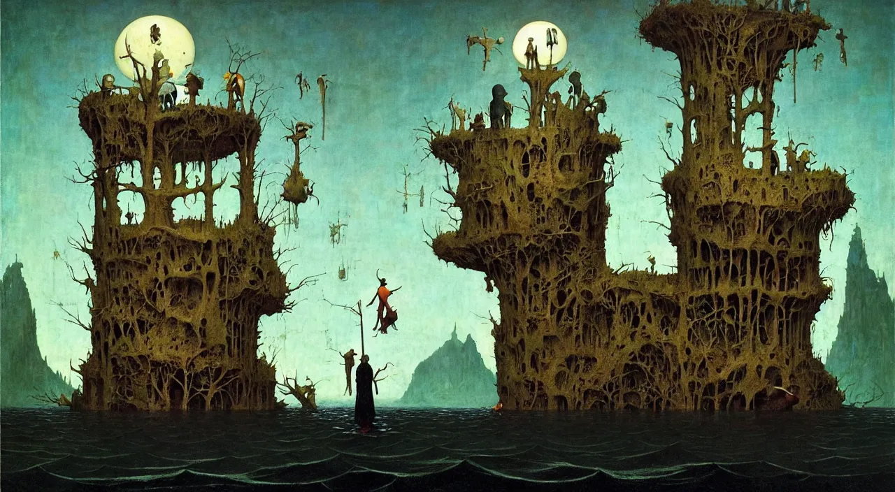 Image similar to single flooded simple!! bone tower anatomy, very coherent and colorful high contrast masterpiece by norman rockwell franz sedlacek hieronymus bosch dean ellis simon stalenhag rene magritte gediminas pranckevicius, dark shadows, sunny day, hard lighting