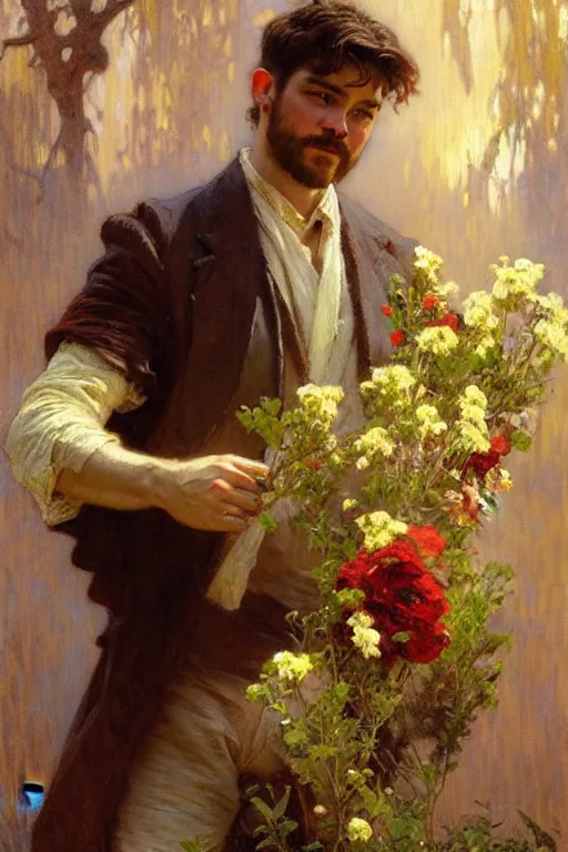 Prompt: attractive man holding flowers, painting by gaston bussiere, craig mullins, greg rutkowski, alphonse mucha