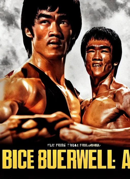 Image similar to Film poster Bruce lee fights VS Arnold Schwarzenegger, faces look at each other, detailed and realistic, 4k, filmic render