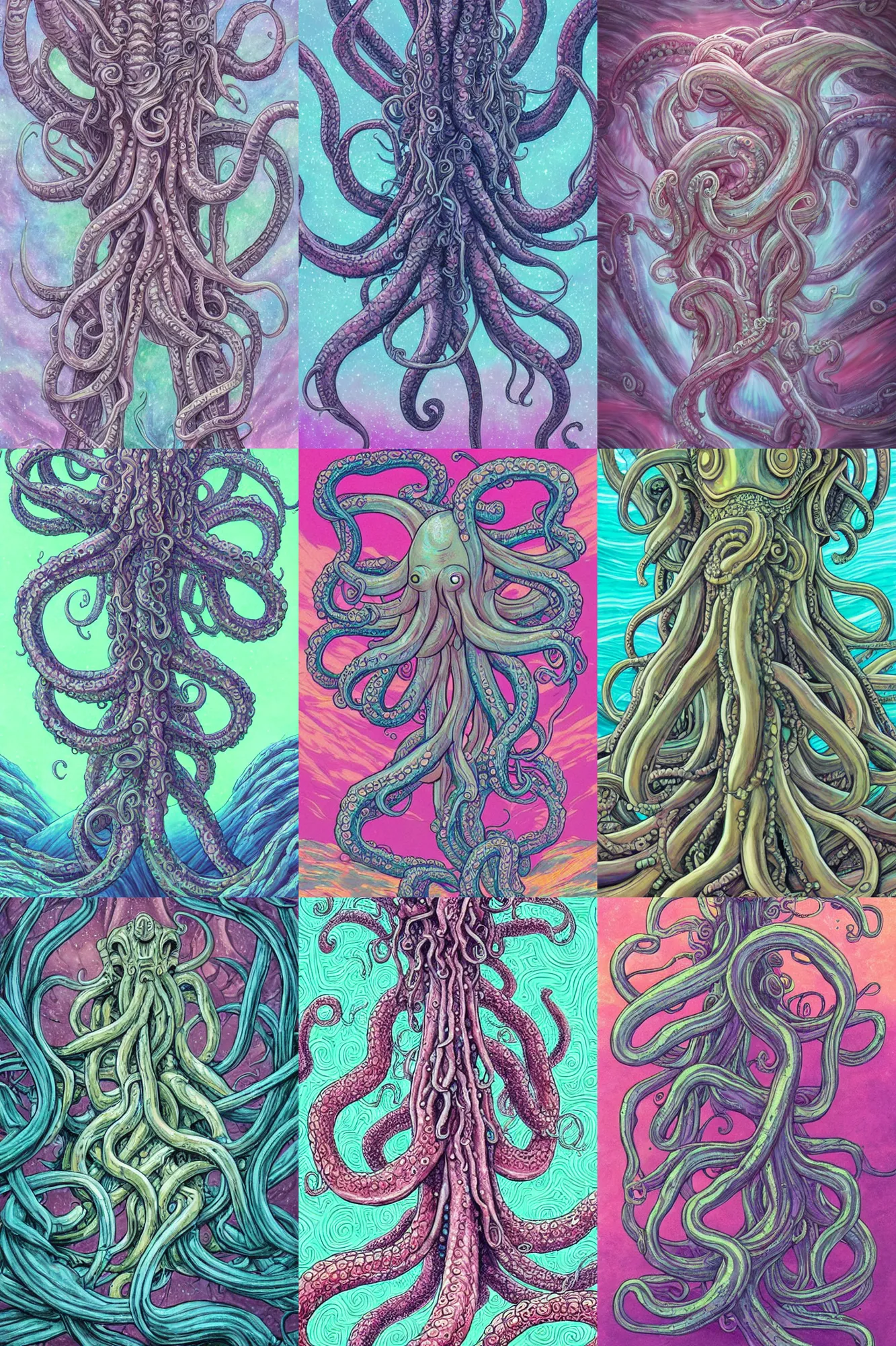 Prompt: giant ancient alien tentacles artwork, pastel colors, detailed background, extremely detailed