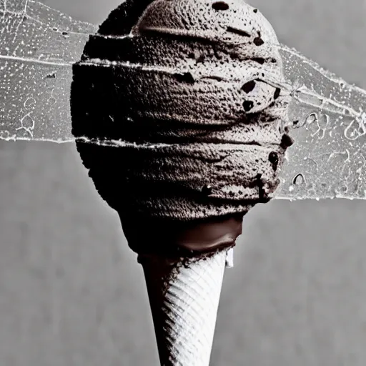 Prompt: detailed, textured photograph of a levitating chocolate ice cream cone 🍦 with huge, hairy spider legs at the bottom. dramatic light.