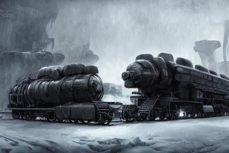 Image similar to a grand intricate futuristic black steam train next to a giant mammoth, post - apocalyptic ice landscape in snowstorm, concept art, artstation, highly detailed, digital art