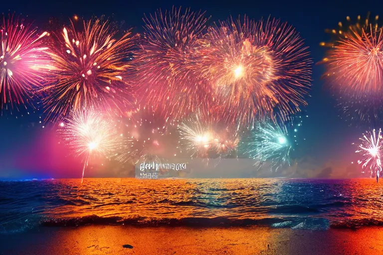 Prompt: happy robots watching the fireworks at the beach, new year, 8k, beatiful, high detail, high resolution