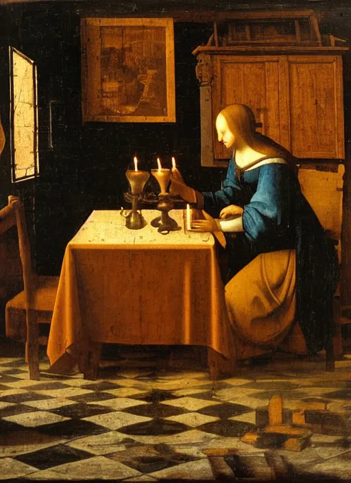 Image similar to a candlelit table at the inn, evening, dark room, two young people sitting at the table, swirling smoke, dark smoke, realistic, in the style of leonardo da vinci, dutch golden age, amsterdam, medieval painting by jan van eyck, johannes vermeer, florence