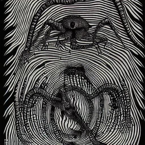 Image similar to eldritch frog abomination of unimaginable horror by h. r. giger and junji ito, speculative evolution, op art with big bold patterns