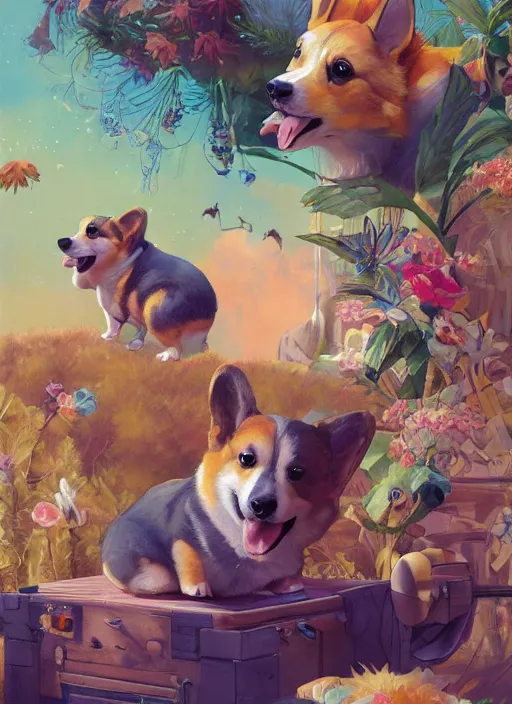 Prompt: beautiful fantasy painting scene of a hiphop summer corgi party, by Kenne Gregoire, James Jean, Tran Nguyen, WLOP, Jakub Rebelka. trending on Artstation, 8k, masterpiece, summer, graffiti paint, fine detail, full of color, intricate detail, golden ratio illustration