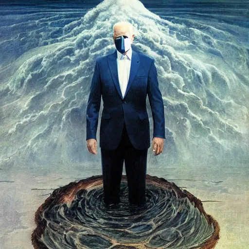 Image similar to terrifying, surreal portrait of joe biden standing up to his shoulders in turbulent, shadowy water by j. c. leyendecker, bosch, william blake, stephen gammell, jon mcnaughton, and beksinski