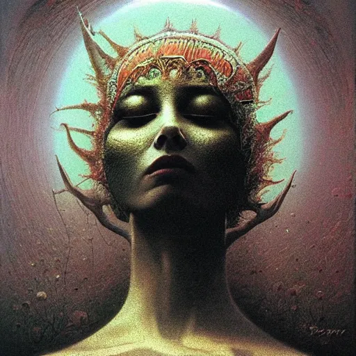 Prompt: The queen of the sun by Zdzislaw Beksinski, oil on canvas