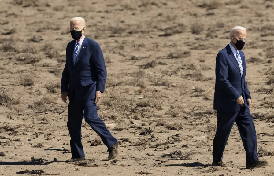 Image similar to a color photo of joe biden walking in a wasteland