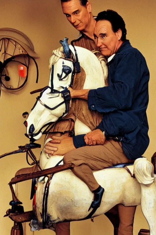 Prompt: a norman rockwell painting of norm macdonald sitting on children's rocking horse on the set of everybody loves raymond