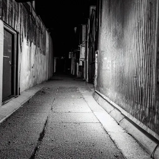 Image similar to a skunk in a dark alley way at night, 28mm lens