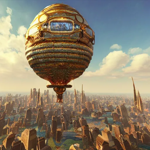 Image similar to enormous flying city in a faberge egg, sky!, steampunk, masterpiece, unreal engine