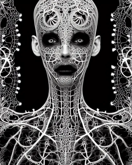 Image similar to surreal dark black and white photo portrait of complex bio-mechanical beautiful young female vegetal-cyborg with a Mandelbrot fractal steampunk metal fine lace face, a very long neck and a fine metal floral foliage super big lace collar by Alexander McQueen:: smoke, high fashion, haute couture, rococo, steampunk, silver filigree details, anatomical, facial muscles, cable wires, microchip, elegant, dreamy, foggy atmosphere, hyper realistic, 150 mm lens, soft rim light, octane render, unreal engine, picture was taken in 1910 by Man Ray, volumetric lighting, dramatic light,8k,