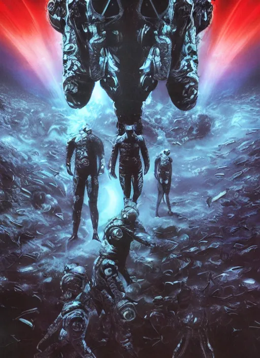 Image similar to astronauts in dark void underwater - complex and hyperdetailed technical suit. reflection and dispersion materials. rays and dispersion of light. volumetric light. f / 3 2. noise film photo. flash photography. ultra realistic, wide angle. poster by wayne barlowe, hajime sorayama aaron horkey, craig mullins