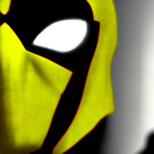 Prompt: black and yellow futuristic depiction of spiderman, large eyes, white webbing, movie still from star wars