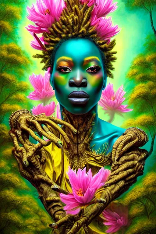 Image similar to high quality photo neo - rococo cinematic super expressive! yoruba goddess with exoskeleton armor, merging with tree in a forest, pink yellow flowers, highly detailed digital art masterpiece, smooth etienne sandorfi eric zener dramatic pearlescent soft teal light, ground angle hd 8 k, sharp focus