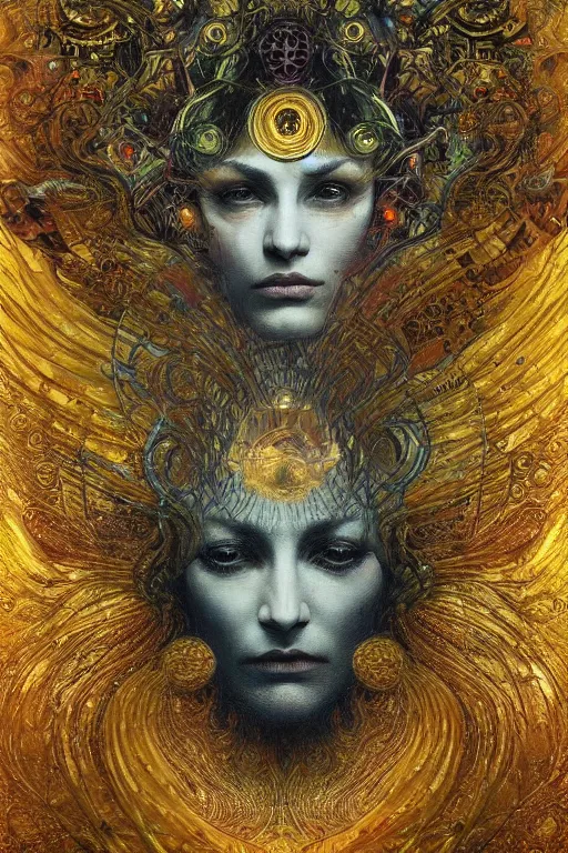 Prompt: Divine Chaos Engine by Karol Bak, Jean Deville, Gustav Klimt, and Vincent Van Gogh, beautiful visionary mystical portrait, sacred, otherworldly, fractal structures, surreal, dreamscape, ornate gilded medieval icon, third eye, spirals