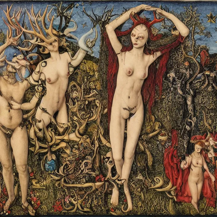 Image similar to a wide landscape with a tattood succubus with animal stripes and antlers transforming into a tree while the stars look like flowers by jan van eyck, ernst fuchs, nicholas kalmakoff, joep hommerson, character, full body, catsuit, max ernst, hans holbein, lace