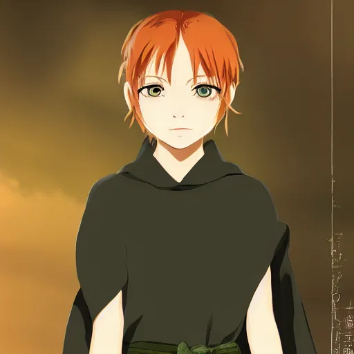 Prompt: a cute pretty young girl, with short ginger hair that is middle parted, with freckles, scowling and angry, with green eyes, wearing a black cloak, anime key visual, digital art, DD, concept art, trending on art station, 8k, official media from spirited away
