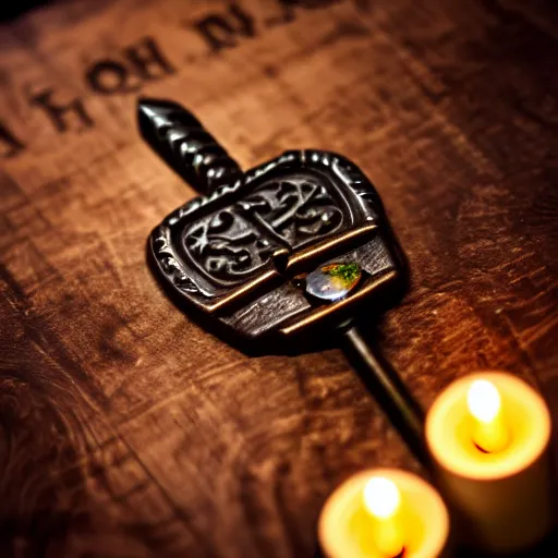 Prompt: a large ornate key with gems and engraved runes, on a rough wooden dungeon table, very little light, candlelit, d & d, underexposed macro photo
