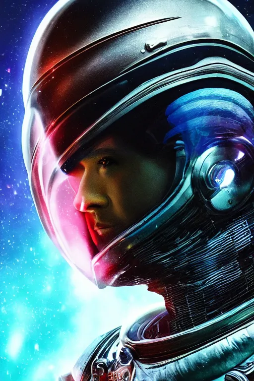 Image similar to portrait art of 8k ultra realistic retro futuristic astronaut, side profile, helmet visor smashed, , glow around helmet, deep space , detailed intricate ornate armour,eldritch horror,blade runner, cybernetic, full of colour, cinematic lighting, trending on artstation, 4k, hyperrealistic, focused, extreme details,unreal engine 5, cinematic, masterpiece, art by ayami kojima, giger