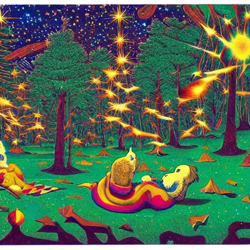 Image similar to psychedelic couch sofa in the pine forest, goose, milky way, designed by moebius, rob gonsalves, gustav dore, giuseppe arcimboldo and carl barks, louis wain, trending on artstation, canada, star, sharp focus, colorful refracted sparkles and lines, soft light, 8 k 4 k