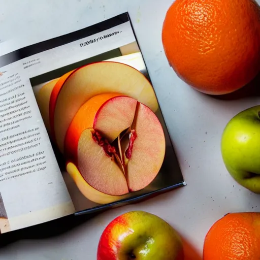 Prompt: a sliced apple with the inside of an orange, cookbook photo