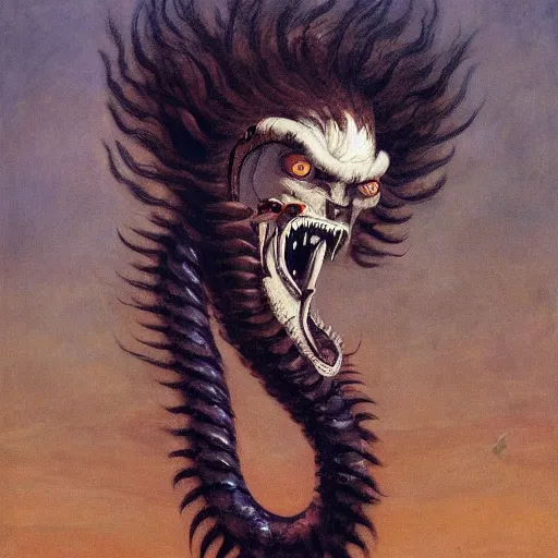 Prompt: demiurge head face eyes fangs serpent serpent python wearing a lion costume furry ears neck neck tall long viper j.m.w. turner greg rutkowski giorgio de chirico william merritt chase ralph steadman arsen savadov dan witz uta natsume