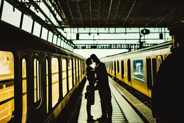 Image similar to vfx movie couple in a train station flat color profile low - key lighting award winning photography cinematography atmospheric cool color - grade