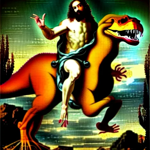 Image similar to Jesus riding a t-rex, renaissance painting, in the style of rococo, extremely detailed