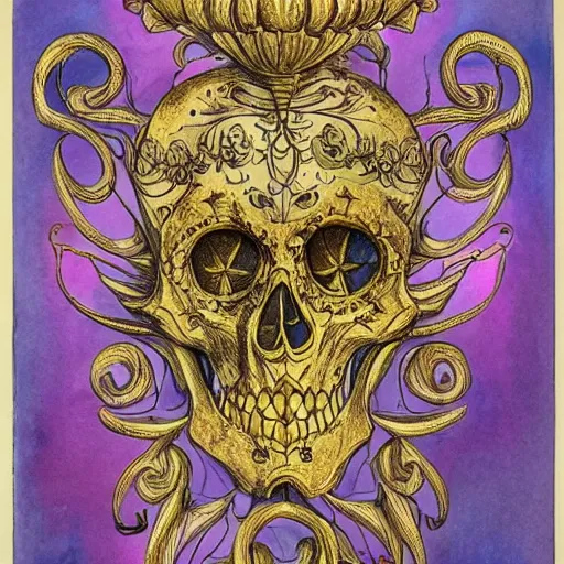 Image similar to Picture of an ornate and extravagant glowing skeleton. Lithograph with watercolor hand colored, gilded trim.