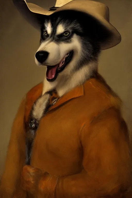 Prompt: a portrait painting of a husky in cowboy costume, wearing a cowboy hat, by rembrandt, trending on artstation