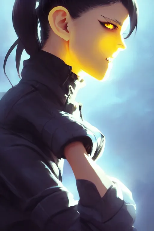 Image similar to black ponytail hair, pale woman in a black zipper jacket, yellow eyes, by artgerm, hair tied in a ponytail, white backdrop, soft lighting, fighting pose, dynamic angle, by greg rutkowski makoto shinkai takashi takeuchi