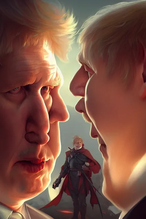 Image similar to Boris Johnson vs Putin face to face, highly detailed, digital painting, artstation, concept art, smooth, sharp focus, illustration, cinematic lighting, art by artgerm and greg rutkowski and alphonse mucha