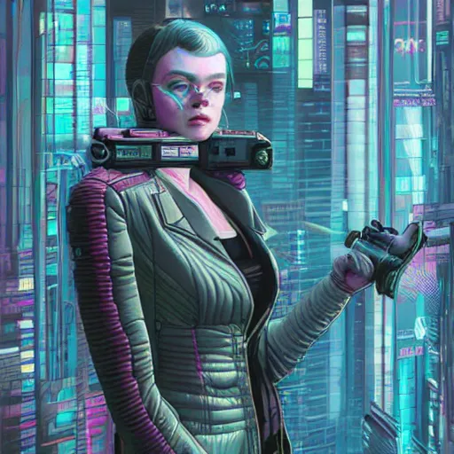 Image similar to a striking hyper real illustration of cyberpunk Elle Fanning by Josan Gonzalez