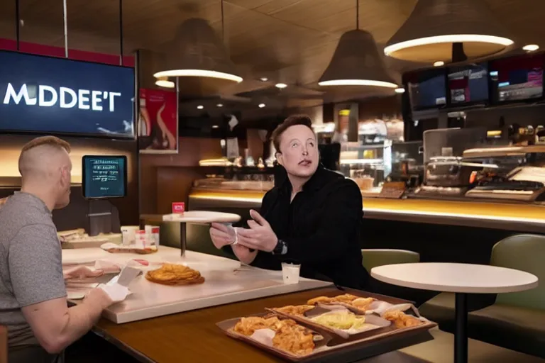 Image similar to elon musk ordering food in mcdonalds, 8k, hyperrealistic, high detail, cinematic lighting