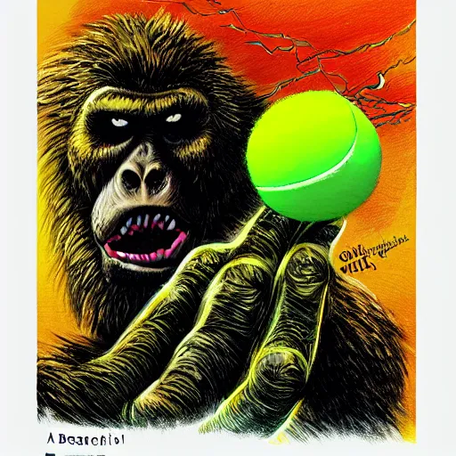 Image similar to a tennis ball monster ,tennis ball, king kong, chalk digital art, fantasy, magic, trending on artstation, ultra detailed, professional illustration by Basil Gogos