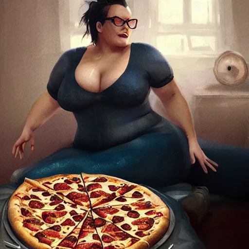 Prompt: a very fat margot robbie sitting in a messy room and burping because she ate too much pizza and junk food, fantasy art, illustration, amazing detail, in the style of greg rutkowski, artgerm, cgsociety