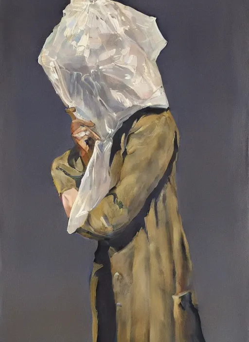 Image similar to woman in a translucent bomber made from plastic bag with paper bags for clothes standing inside paper bags with paper bag over the head at store display Edward Hopper and James Gilleard, Zdzislaw Beksinski, highly detailed